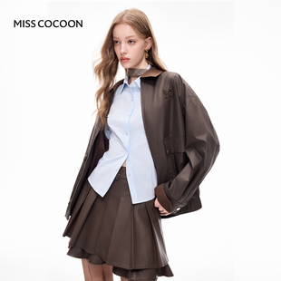 MISSCOCOON巴恩风撞色翻领夹克外套后背松紧下摆咖色上衣春新款