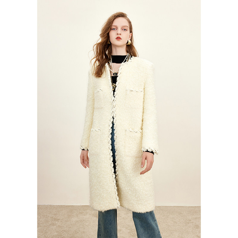 拉毛织带设计中长款毛呢外套