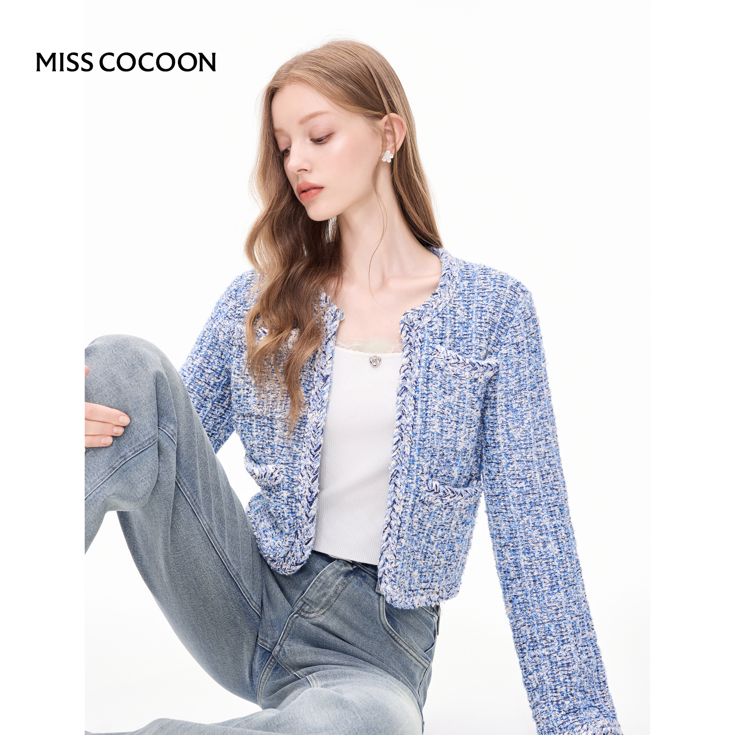 MISSCOCOON蓝色开衫千金小香风针织短外套25秋新款