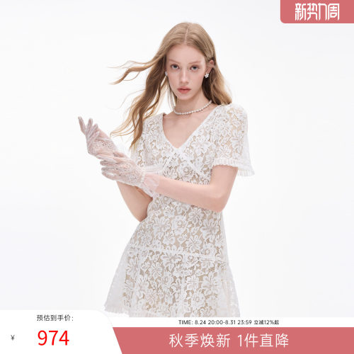 MISSCOCOON法式镂空蕾丝连衣裙V领露背收腰小白裙夏新款