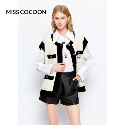 可可尼cocoon小香风绵羊毛龙年绣标经典撞色马夹针织开衫春新款