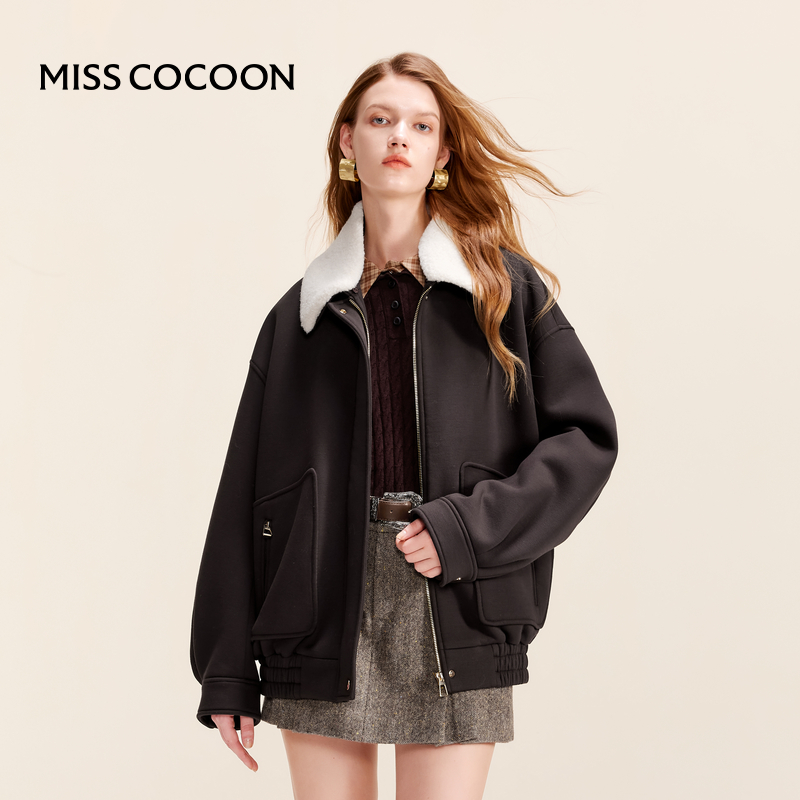 可可尼cocoon巴恩风哑光斜纹肌理可拆羊羔毛领夹克外套冬新款