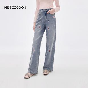 MISSCOCOON直筒阔腿裤新中式印花棉牛仔裤25冬新款