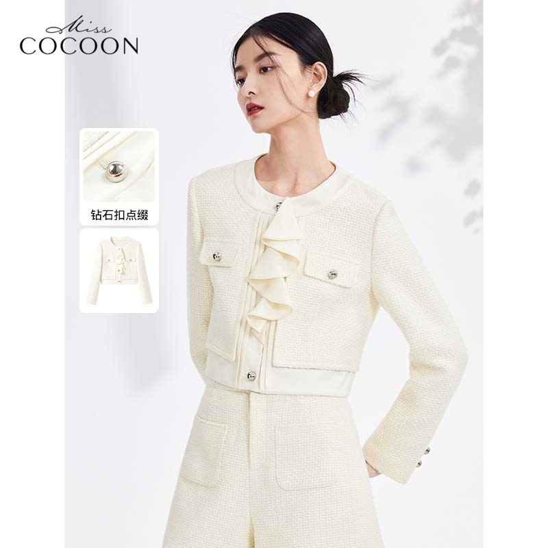 miss COCOON小香风外套春款温柔缎面荷叶边名媛上衣