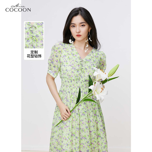 可可尼cocoon法式 碎花连衣裙草绿色提花印花度假茶歇裙夏款