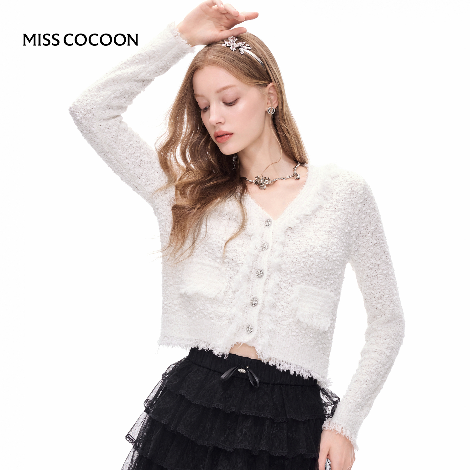 MISSCOCOON外套小香风白色绵羊毛针织开衫25秋新款