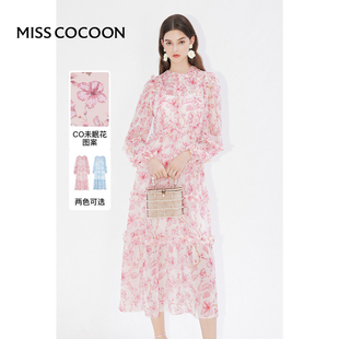 可可尼cocoon度假风荷叶边浪漫甜美印花连衣裙春新款