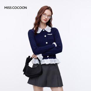 MISSCOCOON学院风miu系蕾丝拼接针织开衫正肩假两件毛衫春新款