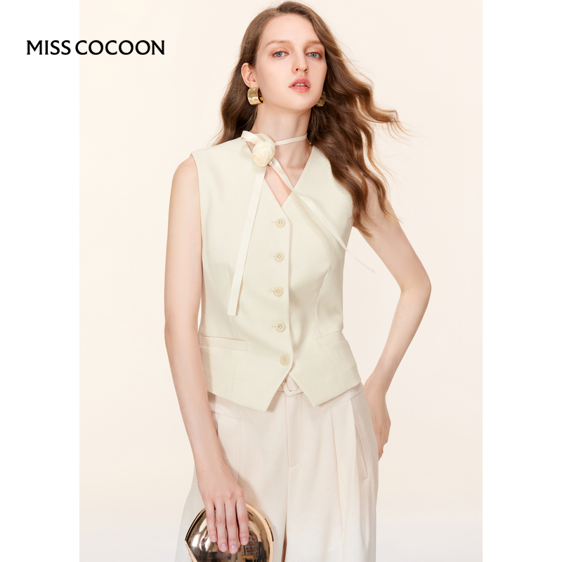 MISSCOCOON经典V领米色麻料西装马夹时尚通勤上衣秋款