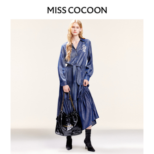 MISSCOCOON钉珠绣花天丝牛仔连衣裙打褶A型收腰长裙春款