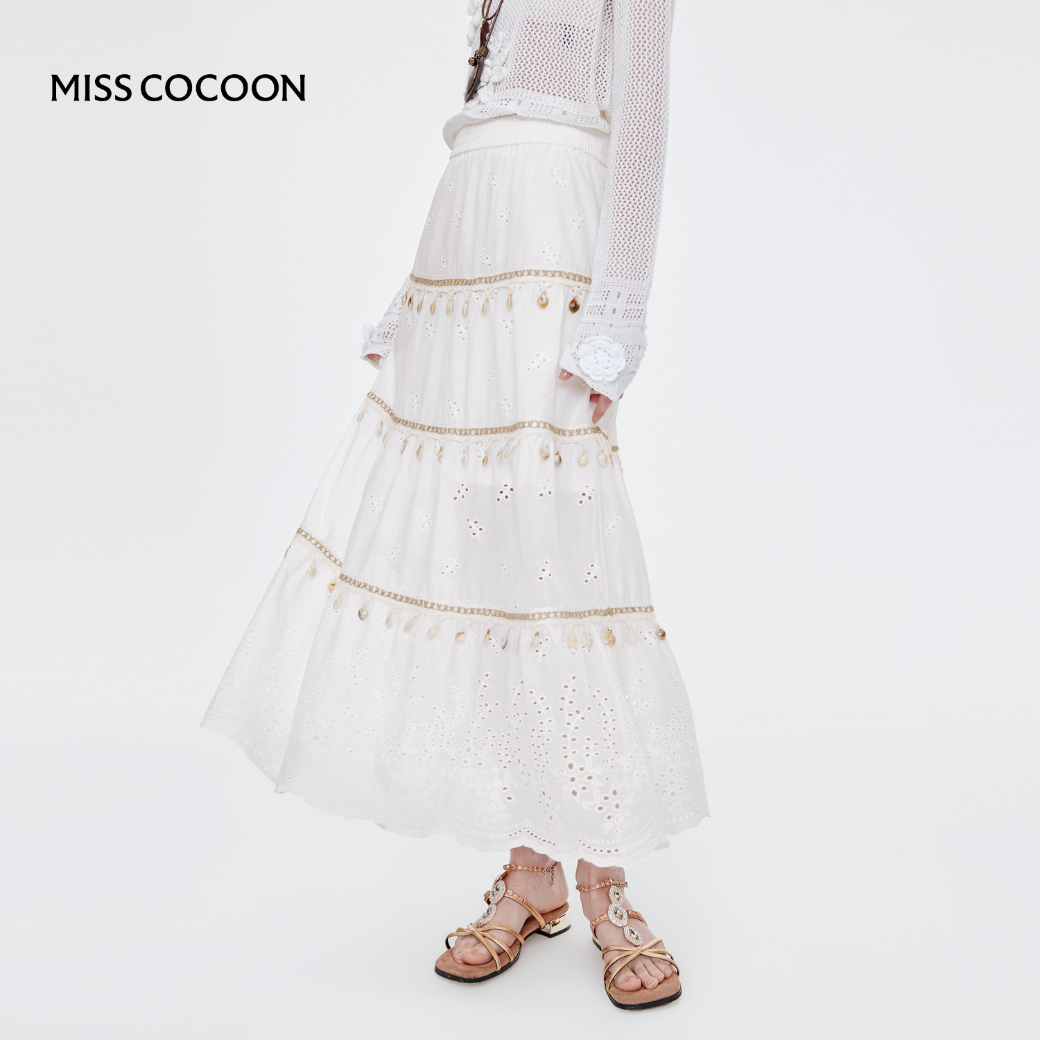 MISSCOCOON波西米亚镂空流苏贝壳半身裙度假风白色大伞裙夏新款