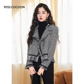 MISSCOCOON小香风千鸟格流苏外套羊毛混纺不对称门襟秋冬款