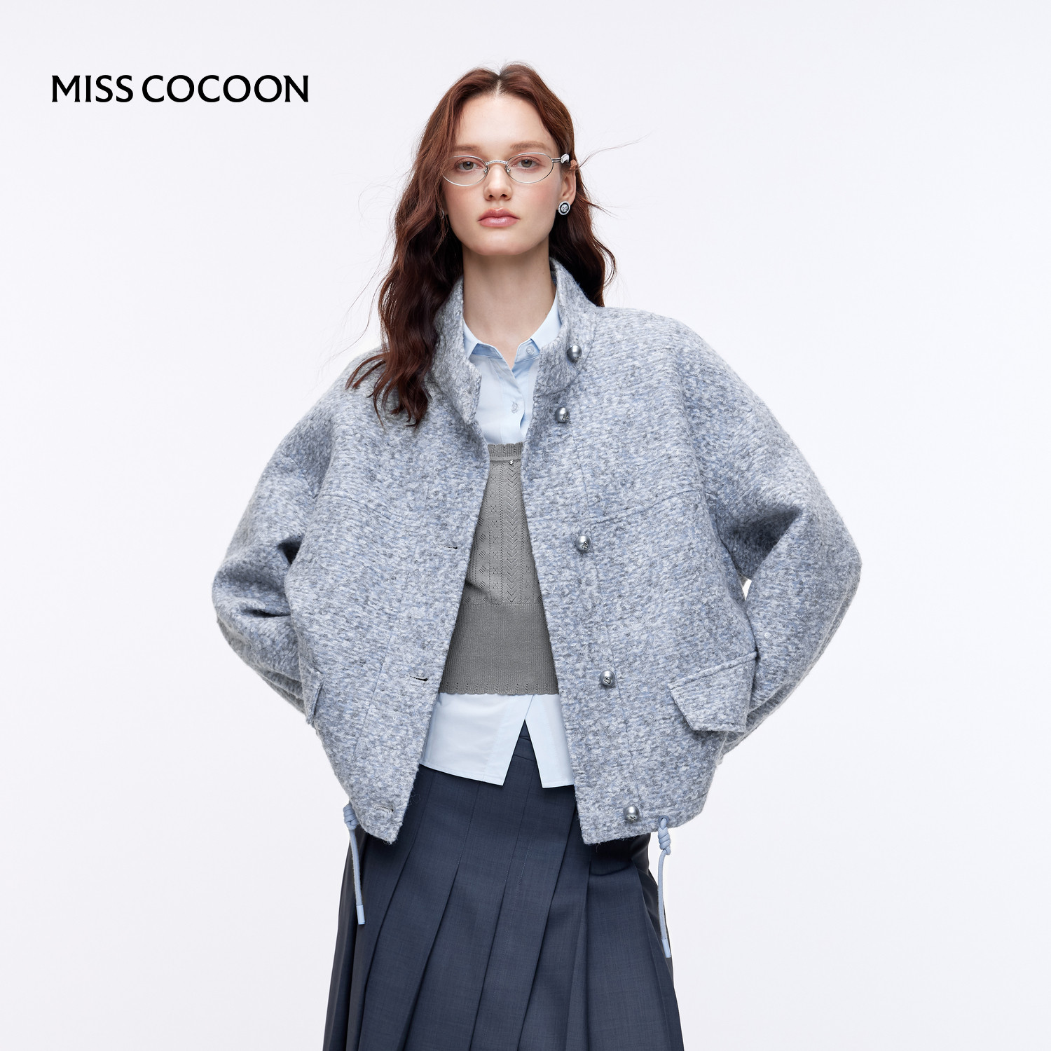 MISSCOCOON蓝色花纱羊毛大衣摩登小立领夹克式毛呢外套25冬新款