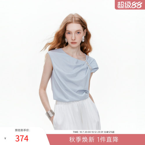 MISSCOCOON可可尼设计感知性蓝色斜肩上衣2026夏季新款短袖女t恤