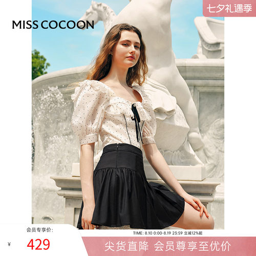 MISSCOCOON缎感波点小衫鱼骨花边绒感蝴蝶结米色衬衫夏新款