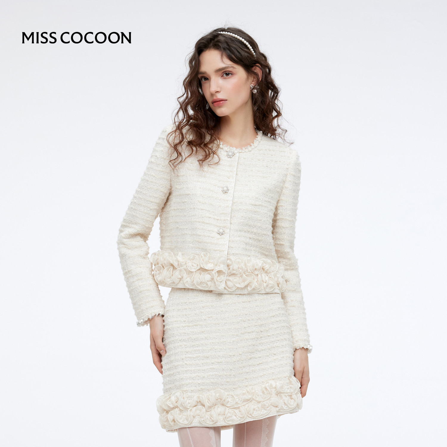 MISSCOCOON小香风玫瑰花边羊毛粗花呢套装箱型外套短裙25冬新款,女装/女士精品,时尚套装,淘宝优惠券,粉丝福利购,淘宝优惠卷