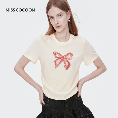 MISSCOCOON手绘蝴蝶印花纯棉T恤鹅黄色上衣25夏新款