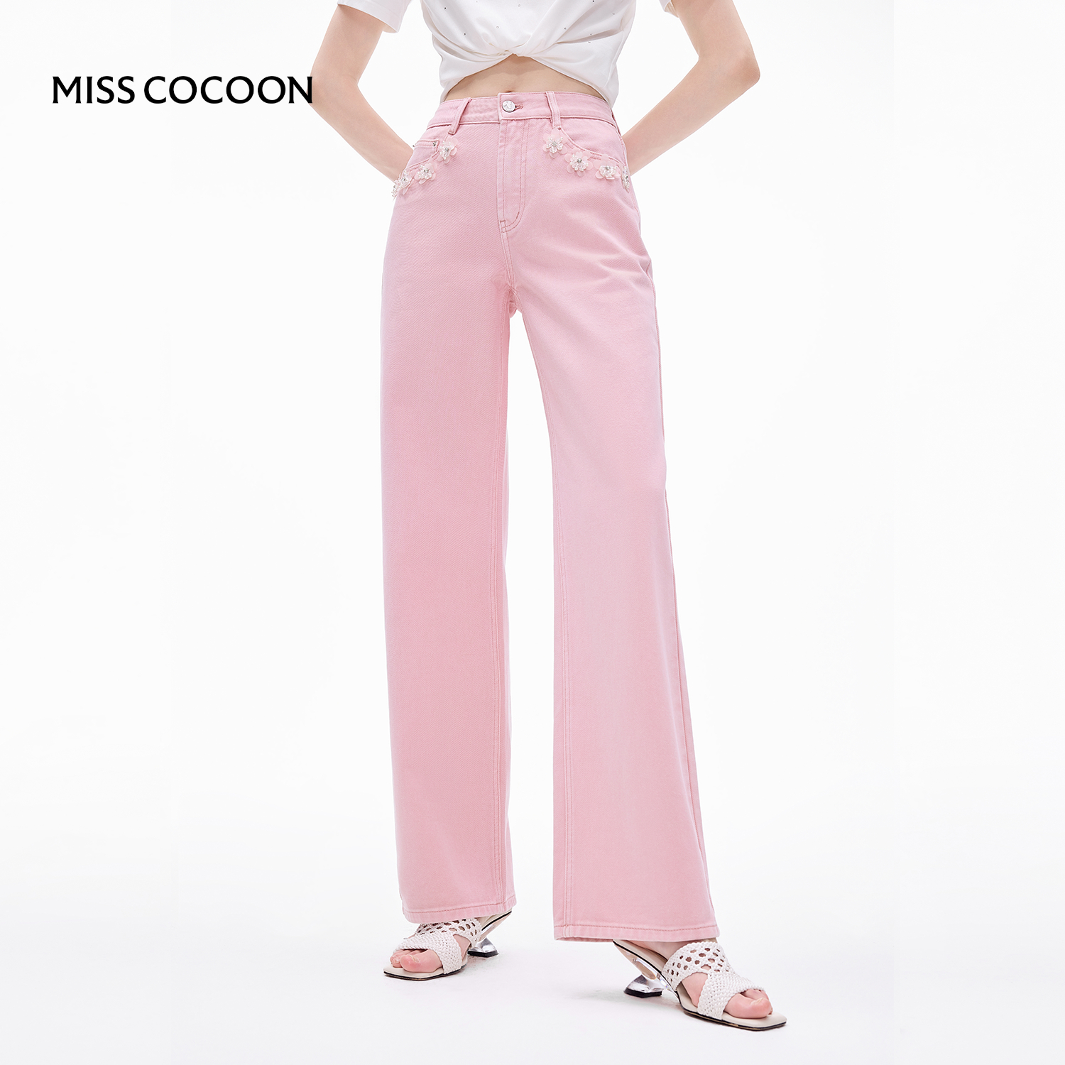 MISSCOCOON粉色牛仔裤欧若风高腰纯棉直筒裤25秋新款