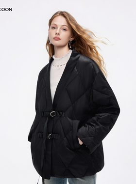 【90%鹅绒】MISSCOCOON菱格绑带鹅绒羽绒服光泽桑蚕丝黑色