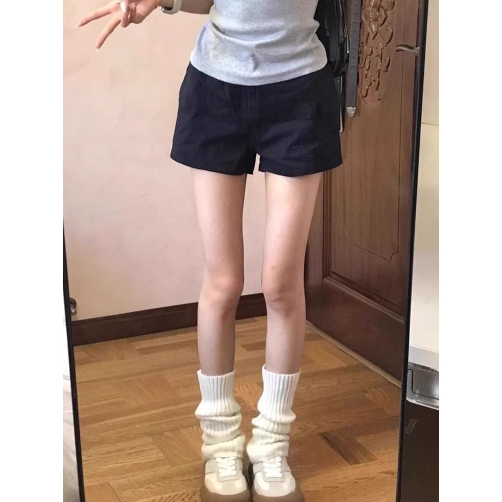 黑色工装棉麻短裤三分裤女夏季2025新款高腰宽松a字阔腿热裤子潮