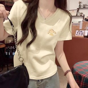 纯棉正肩短袖 十三行女装 t恤女2025年V领气质设计感宽松减龄上衣