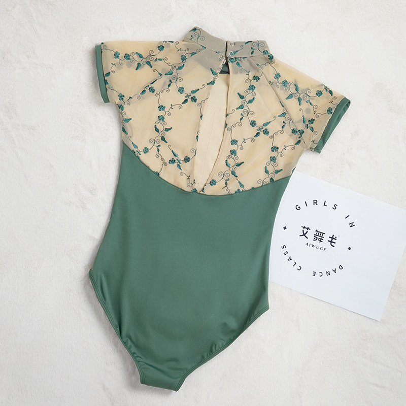 成人新款舞蹈服短袖女芭蕾舞练功服立领连体体操服基训形体服黑色