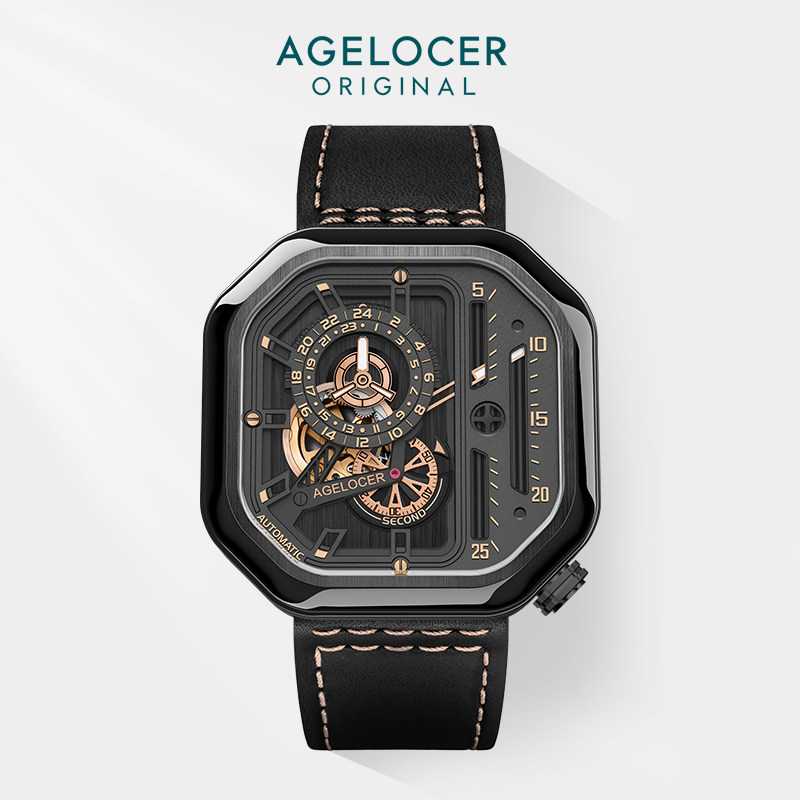 【明星同款】agelocer艾戈勒大爆炸方形镂空机械表潮流男士手表