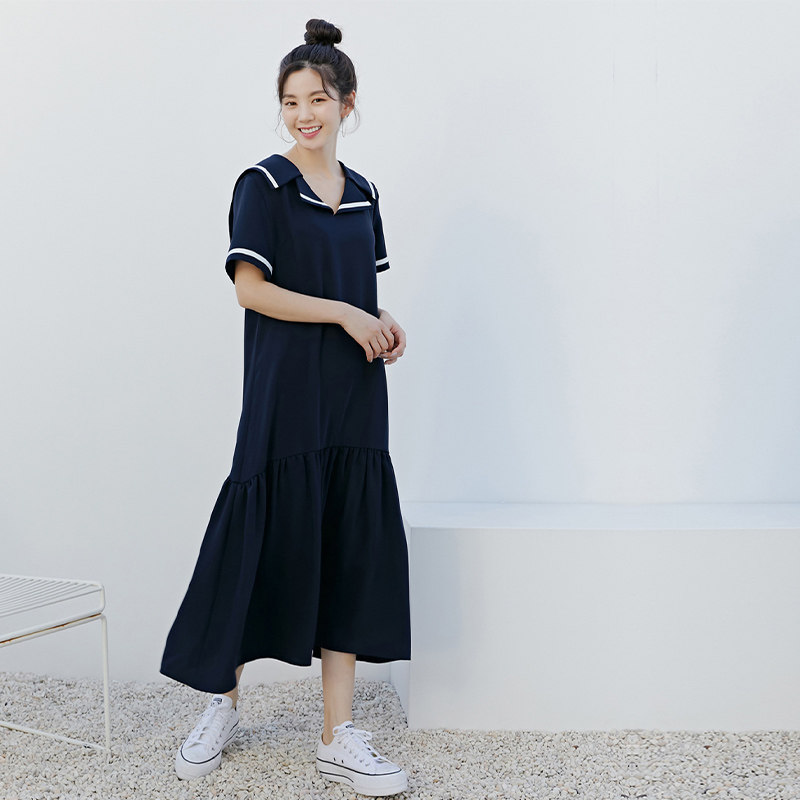 海军领长款短袖连衣裙2024春夏新款宽松舒适文艺气质高个子淑女裙,女装/女士精品,连衣裙,淘宝优惠券,粉丝福利购,淘宝优惠卷