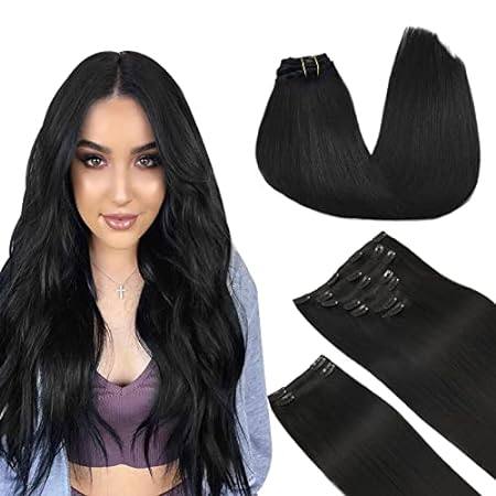 DOORES Clip in Hair Extensions Real Human Hair， Jet Black