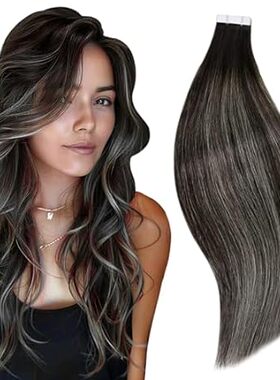 RUNATURE Human Hair Tape in Extensions Ombre Black to Sil