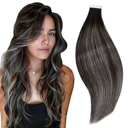 RUNATURE Human Hair Tape in Extensions Ombre Black to Sil