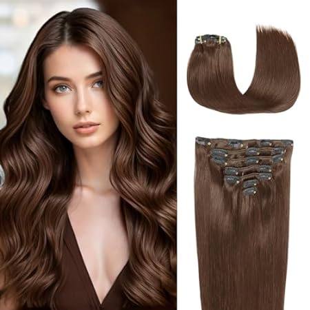 Clip in Human Hair Extensions Remy Chocolate Brown Hair E
