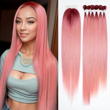 DéBUT Ombre Red to Pink Synthetic Silky Straight 6 Bundle