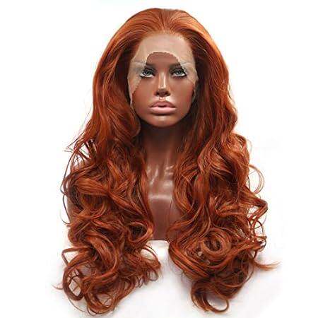 BESTUNG Long Copper Red Synthetic Lace Front Wig Heat Res