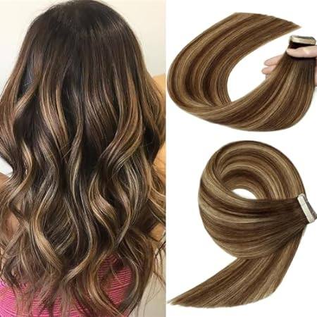 Human Hair Extensions Tape in， Chocolate Brown to Caramel