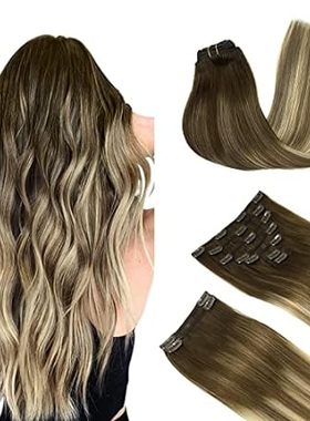 DOORES Hair Extensions Clip in Human Hair， Balayage Walnu