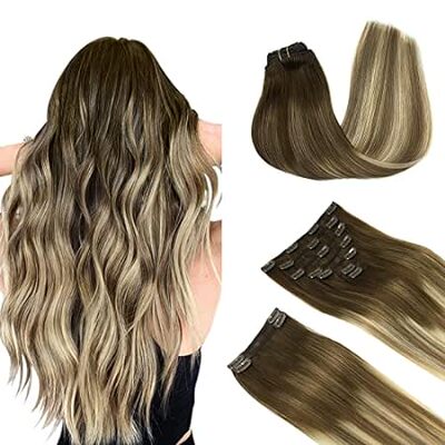 DOORES Hair Extensions Clip in Human Hair， Balayage Walnu