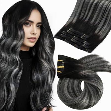 Moresoo Real Hair Extensions Clip in Human Hair Ombre Bla