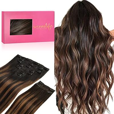 WENNALIFE Clip in Hair Extensions， 150g 14 Inch 9pcs Bala