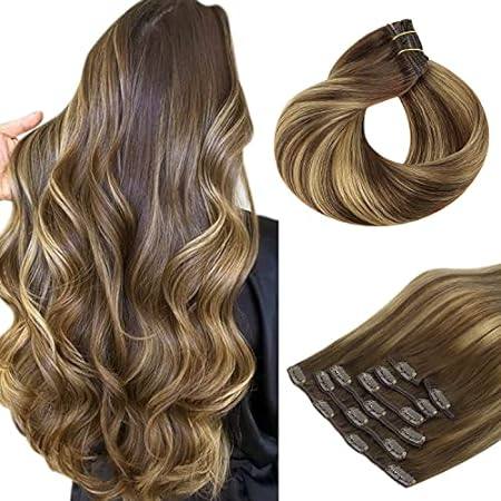 HOTBANANA Human Hair Clip in Hair Extensions， Balayage Ch