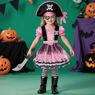 万圣节儿童海盗连衣裙cos狂欢晚会海盗角色扮演服配帽子 新款