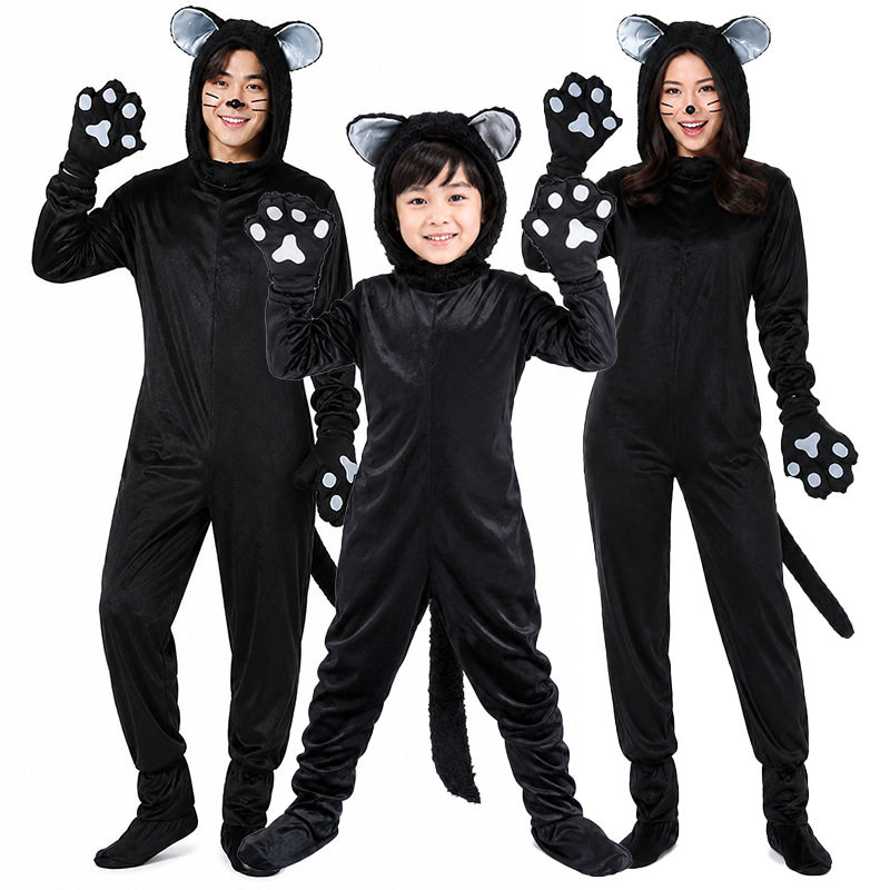 万圣节cos服黑色猫咪成人儿童黑猫连体衣动物扮演舞台表演亲子装