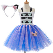 卡通盖比娃娃屋女童亮片连衣裙 儿童可爱猫咪公主裙 动物网纱裙