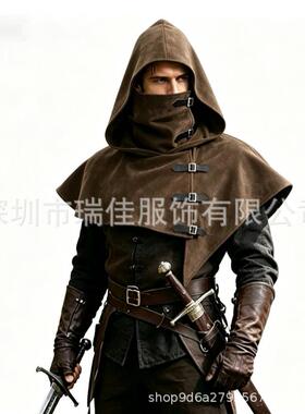 欧美中世纪连帽披肩复古扣柈护肩斗篷头套麂皮披风舞台表演海盗帽