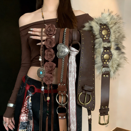 复古毛绒腰带女2025新款秋冬