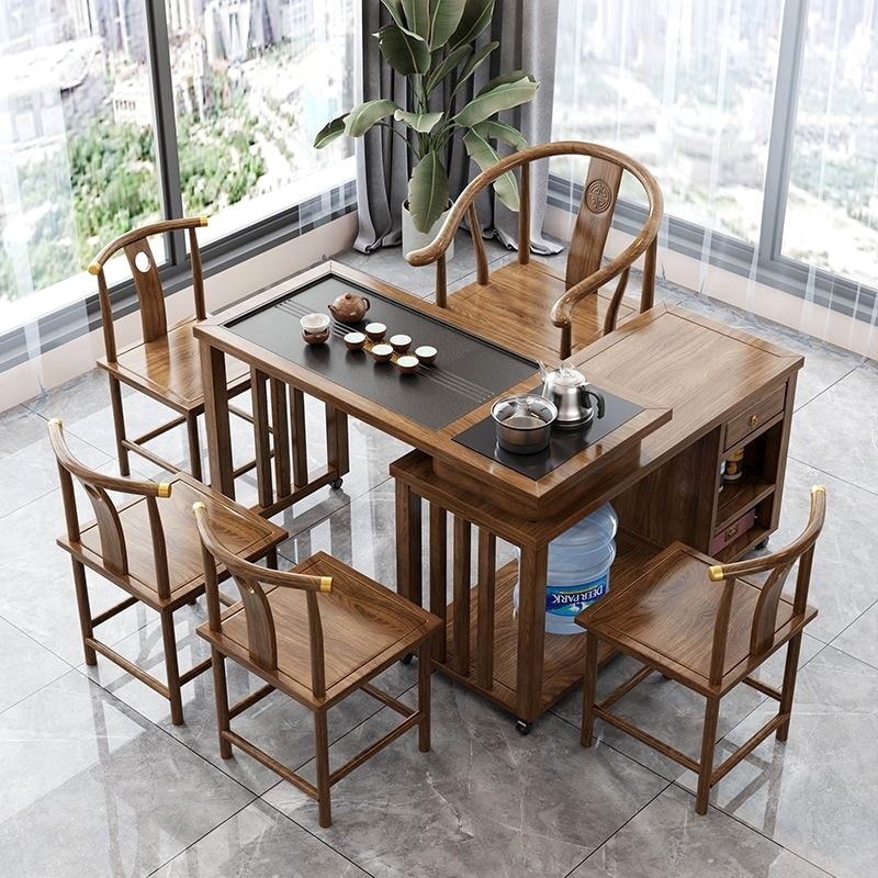 实木茶桌旋转式茶台阳台小户型移动1米1.2米桌椅组合橡胶木带烧水