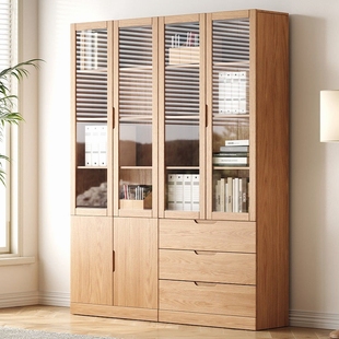 书柜带柜门全实木橡木书柜带玻璃储物柜一体书架落地置物架一体靠