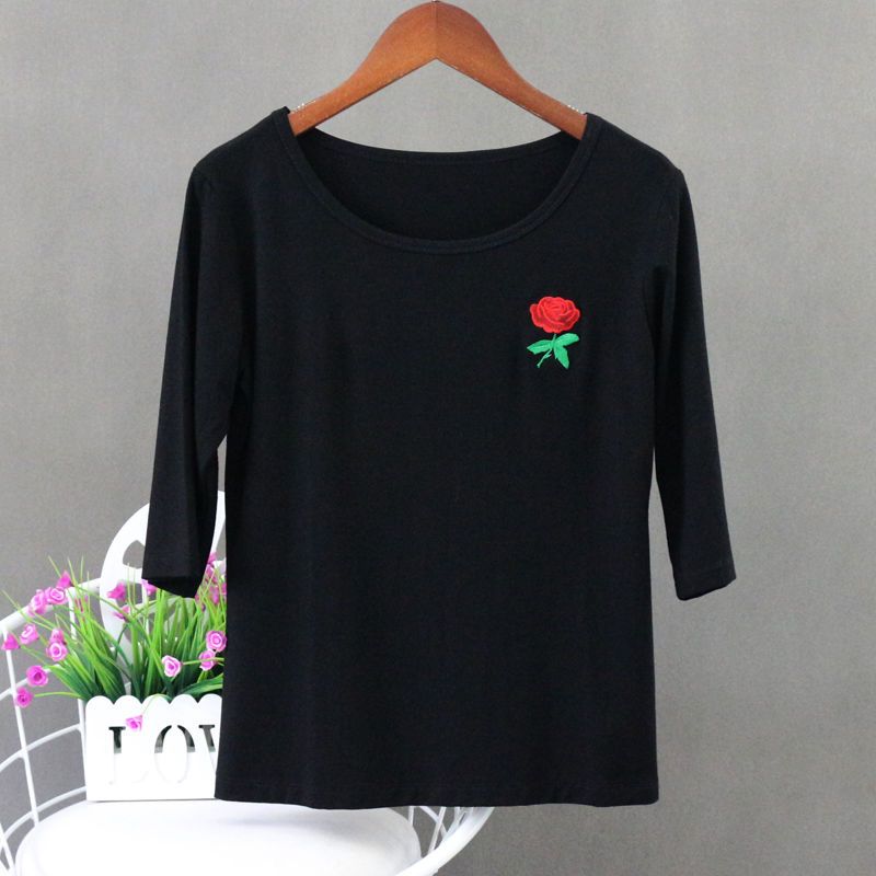 广场舞绣花棉T恤女红色黑
