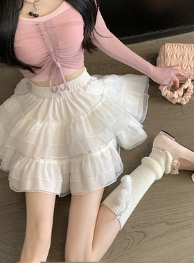 丝蛋糕A字短裙子夏季联衣裙 新款芭蕾风高腰白色网纱半身裙连衣裙