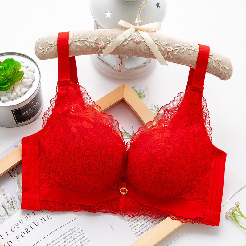 本命年红色无磁内衣女薄款都市聚拢无钢圈胖mm文胸丽人收副乳胸罩